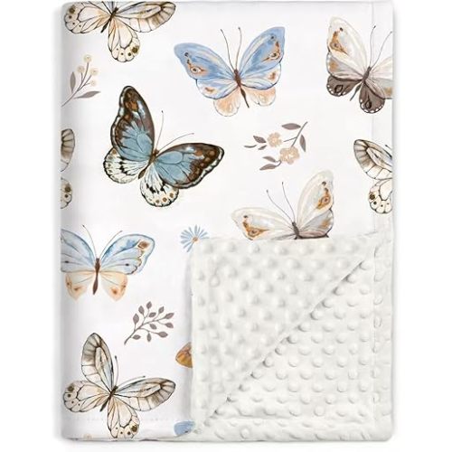 BORITAR Baby Blanket Super Soft Double Layer Minky with Dotted Backing for Girls, Receiving Blanket with Multicolor Butterfly Printed 30 x 40 Inch(75x100cm)