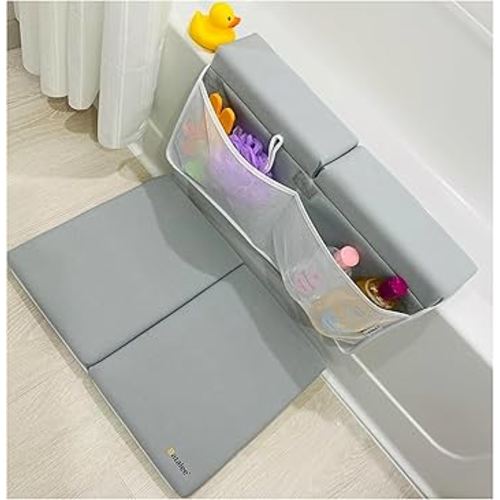 Baby Bath Kneeler and Elbow Rest Pad Set, Non-Slip Painless Thick Kneeling Pad - Foam Kneeling Pad for Bathing Babies - Knee Saver & Arm support with 4 Pockets Toy Organizer, Bath Kneeler Grey 22 Inch