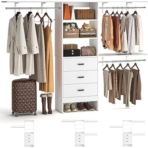 8FT Closet System, 96'' Closet Organizer System with 3 Hanging Rods, Wall Mount Bedroom Wardrobe with 3 Drawers Walk-in Closet, Adjustable Cloth Garment Rack from 5 to 8FT (Cut to Fit), White