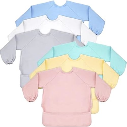 Jeyiour 6 Pack Long Sleeve Baby Bibs Mess Proof Bib Washable Feeding Bib Waterproof Smock Bib for Infant Toddler 6-24 Months
