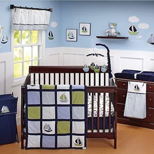 Nautica Kids Zachary 7-Piece Patchwork Sailboats Nursery Crib Bedding Set, Navy/Sage/Light Blue/White