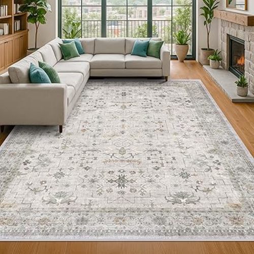 Boho Light Grey Living Room Rug 8x10 - Modern Vintage Eclectic Floral Pastel Neutral Taupe, Washable Low Pile Non-Slip Extra Large Area Rugs for Dining Under Table Bedroom Lounge