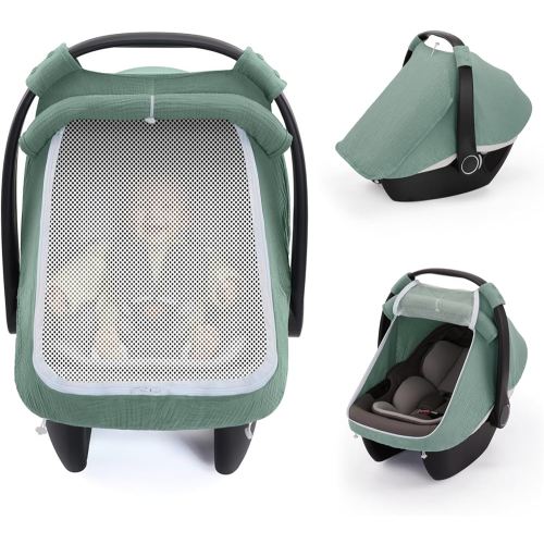 Blissful Diary Baby Car Seat Cover, Extra Large Mesh Window, Breathable Muslin Cotton, Infant Windproof Canopy, Must-Have Baby Gift - Roman Green