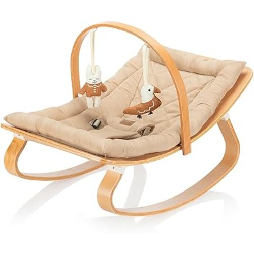 Wooden Baby Rocker, Adjustable Belt, Toy Bar, 15H x 28W x 72L in, Natural (Brown)