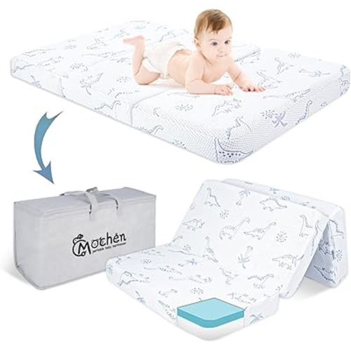 Mochen Trifold Pack and Play Mattress 38x26 Dual-Sided Pack n Play Memory Foam Mattresses Pad with Removable Dinosaurs Cover & Travel Bag, Portable Baby Mattress for Pack N Play
