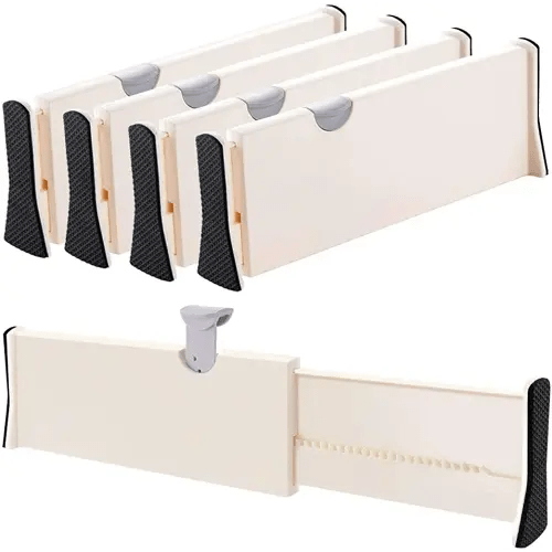 Drawer Dividers Organizer 4 Pack, Adjustable Separators 4" High Expandable from 11-17" for Bedroom, Bathroom, Closet,Clothing, Office, Kitchen Storage, Strong Secure Hold, Foam Ends, Locks in Place