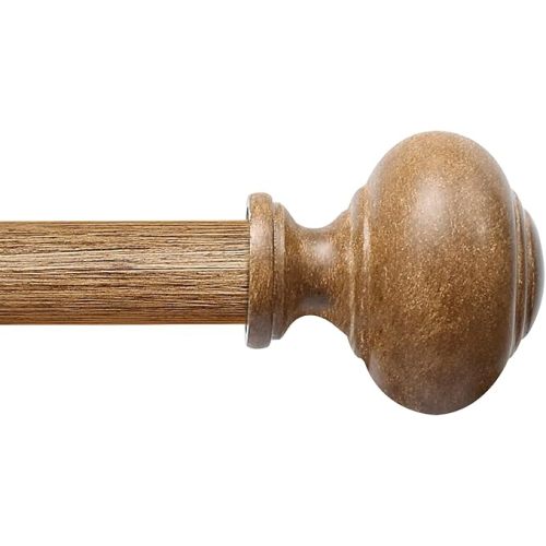 Imitation Wood Curtain Rods for Windows 48 - 84 Inches, 1 Inch Drapery Rod Wood Grain Veneer Finials Mounting, Boho Adjustable Decorative Pole of Window Treatment Hardware Bedroom Living Room