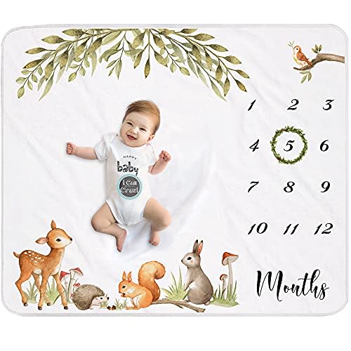 Yoothy Woodland Baby Monthly Milestone Blanket, Unisex, Gift for Baby Shower, Photo Blanket for Newborn, Wreath & 12 Stickers Included, Soft Flannel Blanket 45''x40''