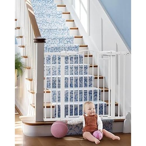 Cumbor 29.7-46" Arched Decor Baby Gate for Stairs No Drill, Mom's Choice Awards Winner-Auto Closed Dog Gate Indoor for The House, Pressure Mounted Pet Gate for Doorways, Easy Install Child Gate,White