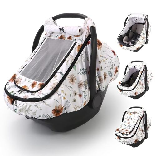 Car Seat Cover Baby Girls, Infant Car Seat Canopy Outdoor, 2 Layers with Mesh and Sun Shade Window for Summer Winter, Easy Access Carseat Covers Snug Fit Baby Stroller - Brown Wildflower