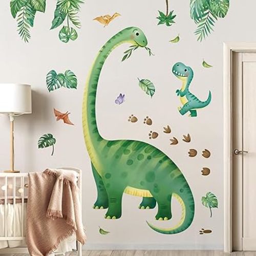 decalmile Large Dinosaurs Wall Decals Tropical Green Leaves Baby Dino Wall Stickers Boys Bedroom Toddler Room Baby Nursery Wall Decor