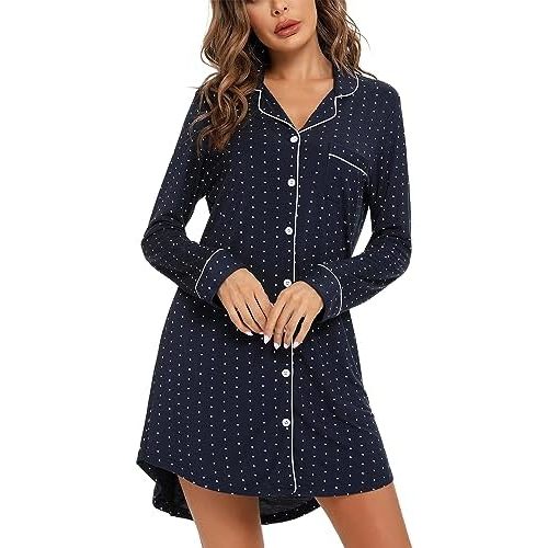 Pjmlifecoco Nightgowns for Women Button Down Sleepshirt Short Long Sleeve Nightshirt Pajamas Nightdress S-XXL