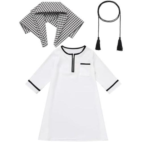 IDOPIP Muslim Baby Boys Prayer Clothes Kaftan Thobe Arabic Islamic Abaya Dubai Robe with Head Scarf + Rope Ramadan Eid Outfit