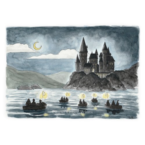 Castle Art Print, Wall Art, Watercolour, Gift, Wizards, Magic, Boats, Christmas, Painting, Lake Birthday Gift Housewarming A4 New Home Decor