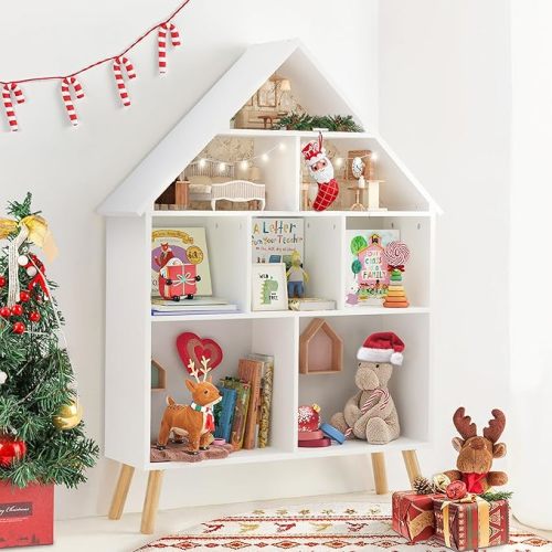 Curipeer Kids Dollhouse Bookshelf and Baby Storage - Wooden Stand Dollhouse Bookcase with 4-Tier Storage Display Organizer, Children Bookshelf for Playing Room, Nursery - White