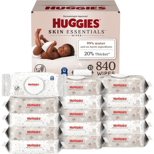 Huggies Skin Essentials Baby Wipes, Hypoallergenic, 99% Water, 15 Flip Top Packs (840 Wipes Total)