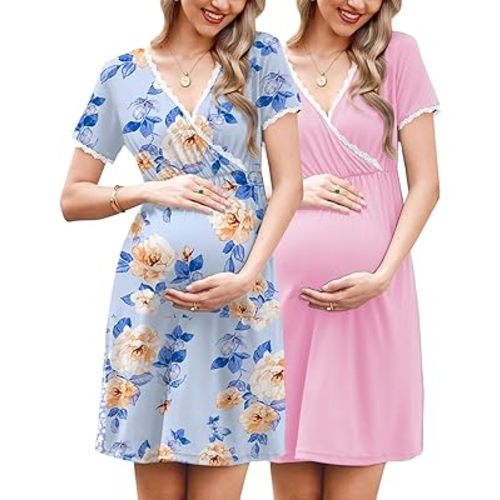 Ekouaer Nursing Nightgown 2 Packs Delivery and Labor Gown for Hospital Short Sleeve Maternity Breastfeeding Dress