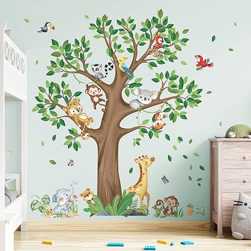 decalmile Large Jungle Animal Tree Wall Decals Giraffe Koala Leopard Safari Wall Stickers Baby Nursery Kids Bedroom Toddler Room Wall Decor