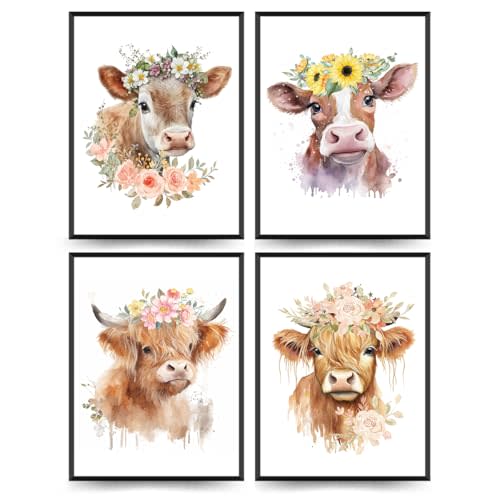 ETVISO Highland Cow Wall Art, Nursery Decor Wall Art Prints Set of 4, Western Floral Baby Cow Watercolor Wall Decor, Highland Cow Baby Shower Decorations 12x16 (Unframed)