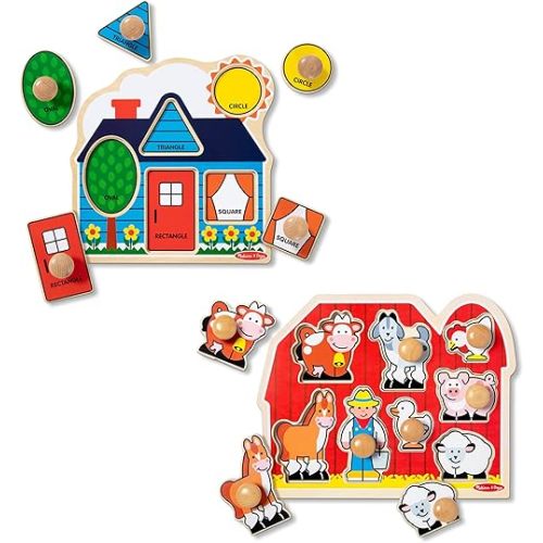 Melissa & Doug Wooden Jumbo Knob Puzzle 2-Pack for Baby and Toddler Boys and Girls – Large Farm, First Shapes