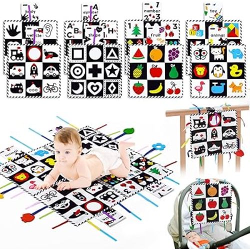 beiens Baby Toys 0-6 Months, Tummy Time Crinkle Toys with Mirror, Black and White High Contrast Sensory Toys for 0-6-12-18 Months Toddler Newborn, Play Mats, Easter Basket Essentials Stuffers Gifts