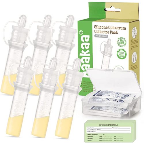 haakaa Colostrum Collector with Storage Case Set, Included 1 pc Reusable Cotton Wipe and Storage Box, Ready-to-Use Set (0.1oz/4ml, 6 pcs)