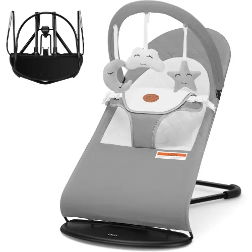HKAI Baby Bouncer, Portable Baby Bouncer Seat for Babies 0-18 Months, 100% Cotton Fabrics, 3 Modes of use with Rocker and Stationary Options, Infant Rocker Chair with Hanging Toys-Light Grey