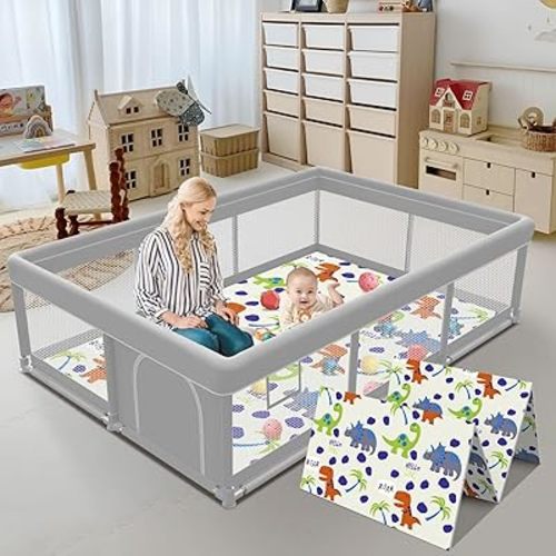 Baby Playpen with Mat, 74x50 Inch Playpen with Mat for Babies and Toddlers Play Pen Playards Safety Gate Fence Active Center Indoor