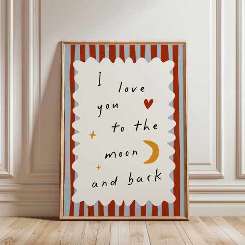 Digital Download: I Love You to the Moon and Back Nursery Print, Kids Room Wall Art, Baby Quote Poster, Red and Blue Stripes