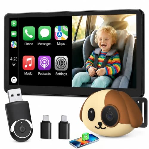 Cabin Care 1080P Baby Car Camera with Wireless CarPlay Adapter for iPhone Only, Real-Time Rear Seat Monitor, 150° Wide-Angle, IR Night Vision, Works with Factory Wired CarPlay (Dog)