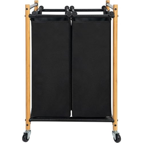 Laundry Sorter Hamper with Wheels, Heavy-Duty Laundry Basket Sorter Rolling Cart with Lockable Wheels and Removable Bags, Laundry Cart 2 Sections, Bamboo