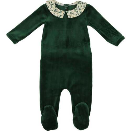 Boy's Velour Floral Peter Pan Collar Long Sleeve Footie, Emerald - Maniere | Maisonette