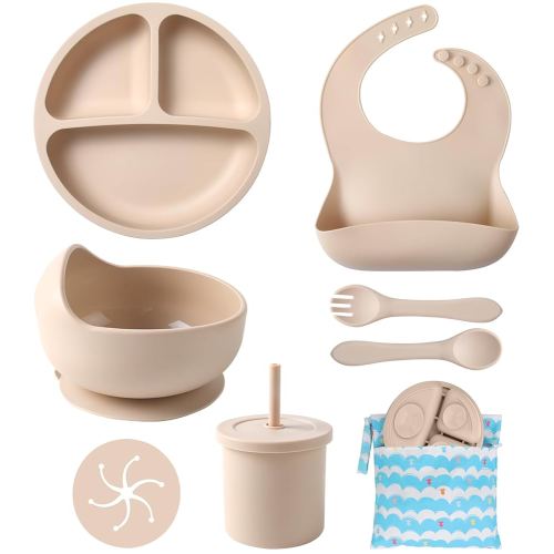 ECLIP Silicone Baby Feeding Set, 10 Pcs Baby Led Weaning Supplies with Suction Bowl Divided Plate Adjustable Bib Soft Spoon Fork Snack Cup with Lid Drinking Cup, Utensil (Beige)