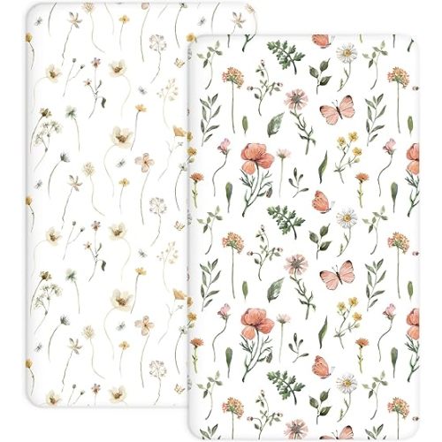 Pack and Play Sheets 2 Pack, Fitted Jersey Knit Mini Crib Sheets for Baby Boys and Girls, Compatible with Graco Pack N Play and Mini Crib Mattress (Pank N Play/Mini Crib Sheets, Butterfly Garden)