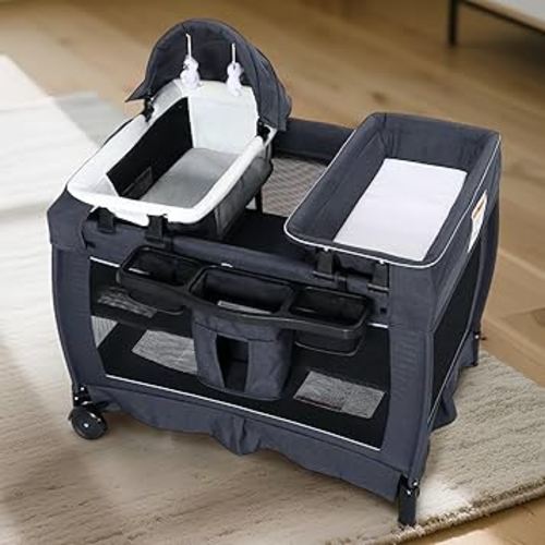 Kinder King 4 in 1 Foldable Pack n Play with Bassinet & Changing Table, Portable Nursery Center for Babies and Toddlers, Convertible Newborn Crib Baby Bed with Canopy, Storage Bag, Dark Gray