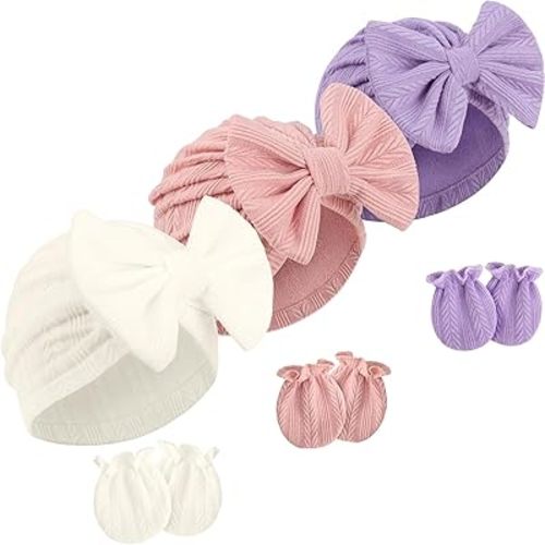 Newborn Baby Hats and Mittens Set Infant Bow Beanie Cap Toddler Gloves Newborn Hospital Hats for Baby Boy Girl Kid