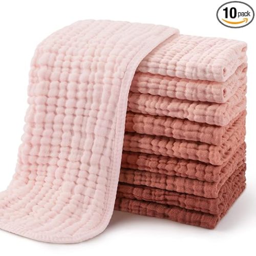 Yoofoss Muslin Burp Cloths for Baby 10 Pack 100% Cotton Baby Washcloths for Boys Girls Large 20''X10'' Super Soft and Absorbent Gradient Pink