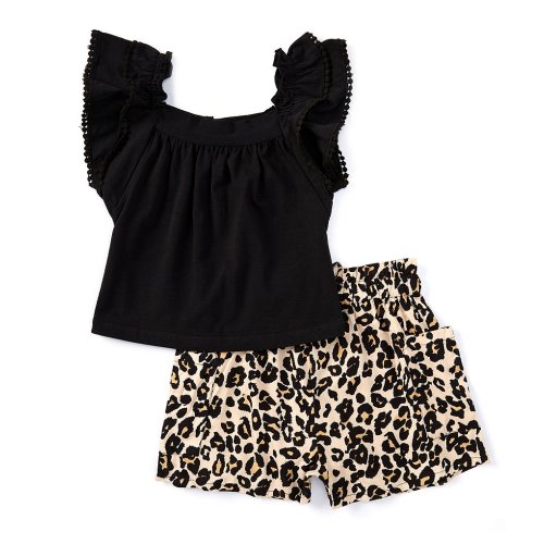 Rare Editions Little Girls 2T-6X Flutter-Sleeve Solid Tunic Top & Cheetah-Printed Shorts Set