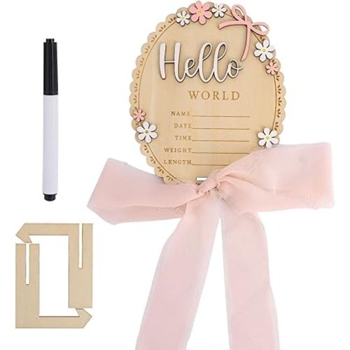 Baby Announcement Sign with Stand & Marker, Wooden Hello World Baby Birth Name Sign with Light Pink Ribbon for Hospital Newborn Photoshoot Rustic Keepsake Nursery Decor