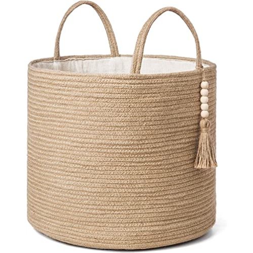 Mkono Woven Storage Basket Decorative Natural Rope Basket Wooden Bead Decoration for Blankets,Toys,Clothes,Shoes,Plant Organizer Bin with Handles Living Room Home Decor, Jute, 16" W × 13.8"L