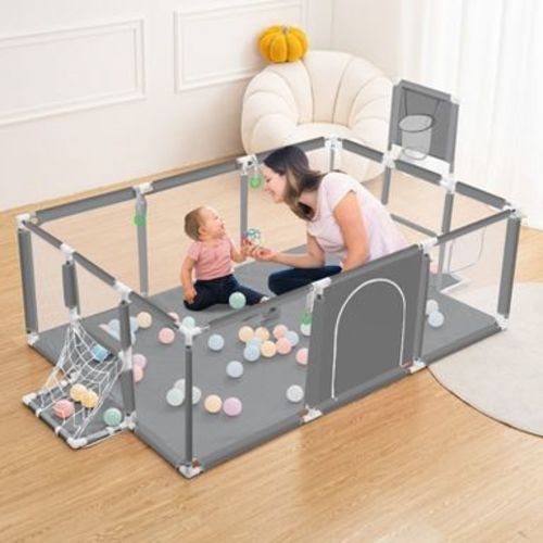 GOTGELIF 71"x48" 4-Panel Baby Playpen Portable Playard with Basketball Hoop Gray