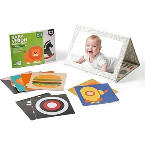 IEATFO Foldable Tummy Time Play Set (Sturdy Cardboard), Large Baby Safe Mirror and Card Display Stand with 80 Pages High Contrast Cards, Alphabet and Animal Cognition