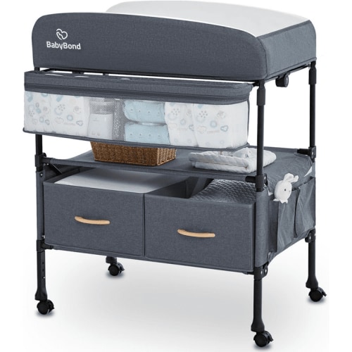 BabyBond Foldable Changing Table with Wheels, Adjustable Height, 2 Baskets, Waterproof (Grey)