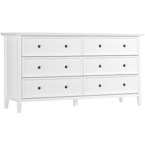 IKENO 6 𝑫𝒓𝒂𝒘𝒆𝒓𝒔 𝑾𝒉𝒊𝒕𝒆 𝑫𝒓𝒆𝒔𝒔𝒆𝒓, White 6 Drawer Dresser for Bedroom Room, Modern Solid Wood Chest of Drawers(White)