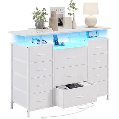 LUMTOK 11 Drawers Dresser with Fabric Drawers,Charging Station, LED Lights and Shelves for Bedroom Storage Organization