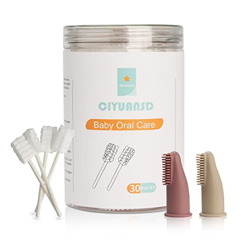 Baby Tongue Cleaner Baby Toothbrush 30Pcs Disposable Infant Toothbrush Clean Baby Mouth with 2Pcs Finger Toothbrush Baby Oral Cleaning Stick Gauze Cleaner Stick Dental (beige, 32 Piece Assortment)