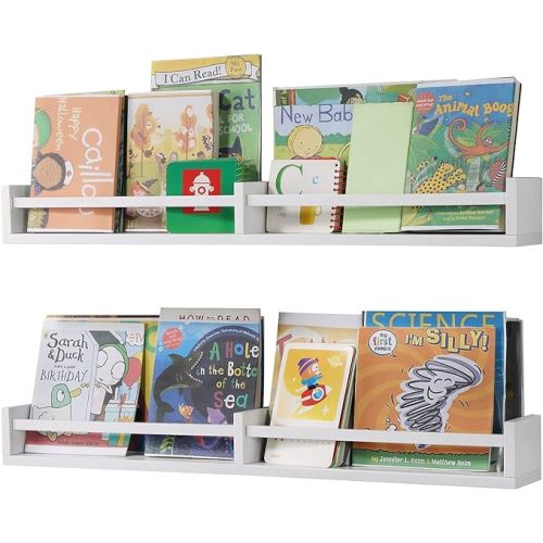 Austin yan White Nursery Bookshelves Wall Mounted, 32inch,Wood Floating Wall Bookshelf for Kids,Hanging Shelf for Baby Nursery Room Decor,Set of 2,Pine