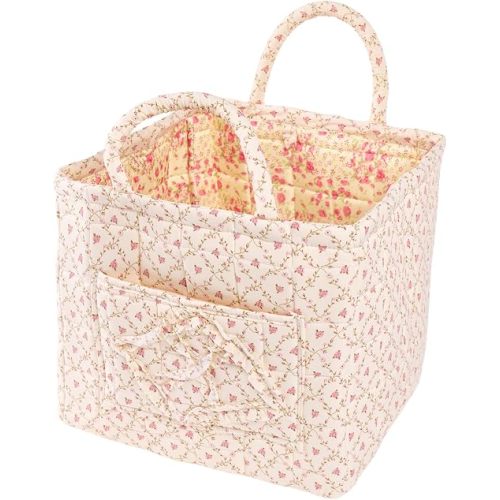 Quilted Fabric Car Storage Basket with Handles & Pocket, Foldable Laundry Hamper Boho Floral Print Organizer Bin for Home, Picnic, Office Nursery Cloth Toy 12"x10"x10" (Style B)