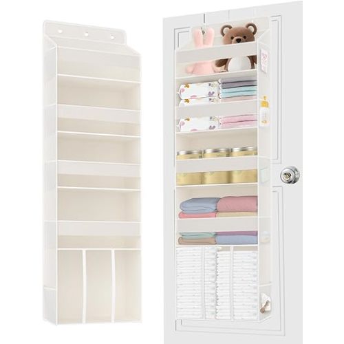 1 PC Over the Door Diaper Organizer with 1 Large Capacity Caddy, 4 Shelf & 10 Mesh Side Pockets, Baby Stuff Hanging Caddy Storage and Newborn Essentials Closet Organizer for Nursery, Bedroom
