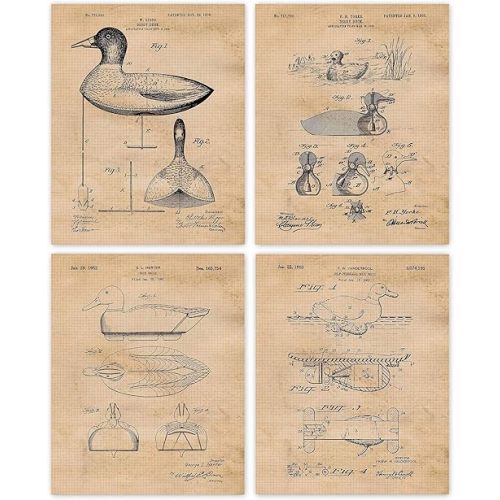 Classic Duck Hunting Decoy Patent Prints, 4 (8x10) Unframed Photos, Wall Art Decor Gift for Home Office Gear Sport Garage Workshop Man Cave School Student Teacher Waterfowl Hunting Championship Fan